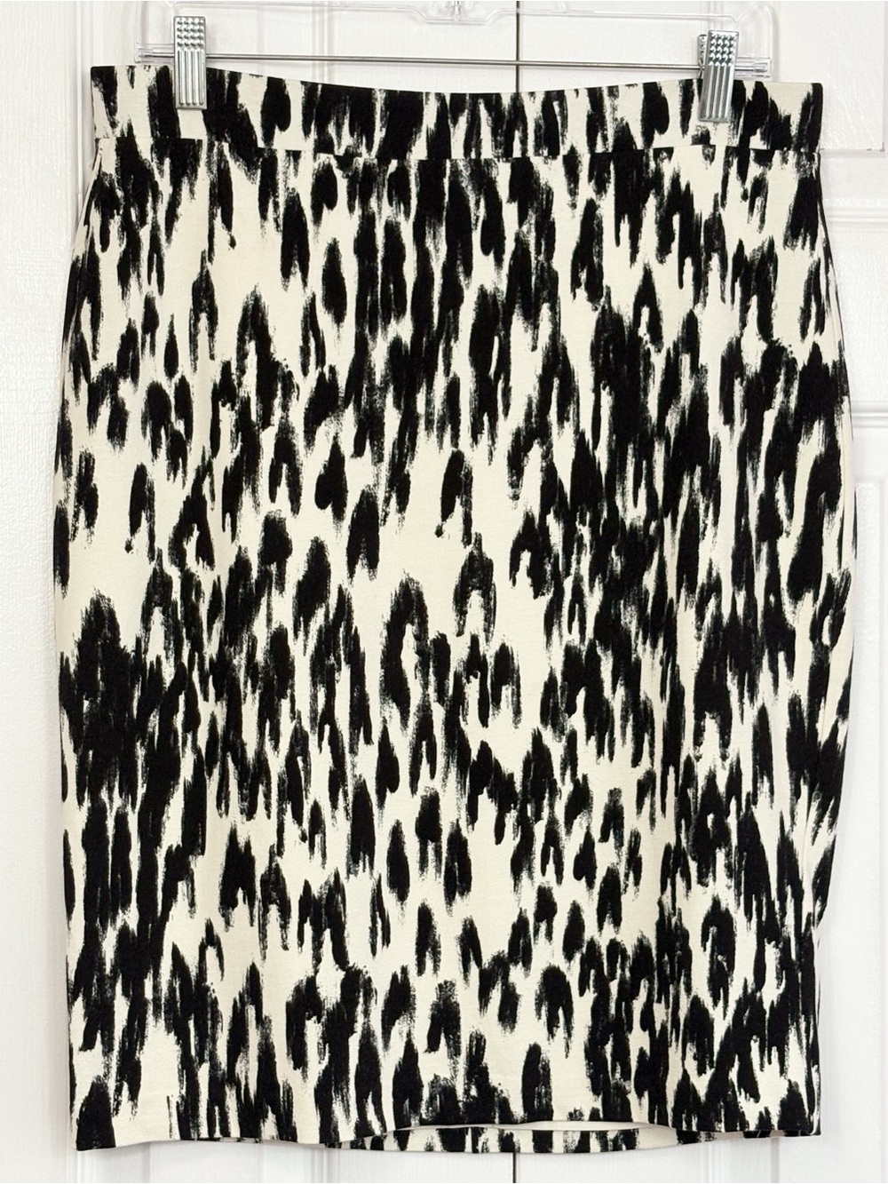 Ann Taylor Black & Ivory Off White Print Stretch Knit Lined Pencil Skirt 8